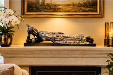 Asian-Thai  reclining Buddha statue-black resin -silver Fillegree-mirror mosaic