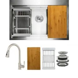 AKDY Handmade All-in-One Stainless Steel 33 in. x 22 in. Single Bowl Drop-in Kitchen Sink Pull-down Faucet and Accessories
