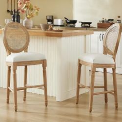 French Country Bar Stools Set of 2, Farmhouse BarStools with Solid Wood Frame and Upholstered, Rattan Back Kitchen Bar Stool for Dining Room, Kitchen