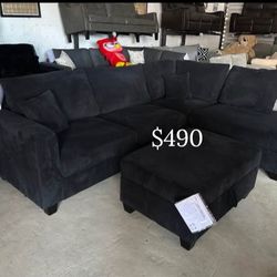 3-pc sectional sofa with storage ottoman black Corduroy