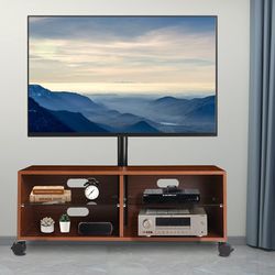 Wood TV Stand Media Storage for TVs up to 70 inch TVs Rolling Wheels, Traditional Brown