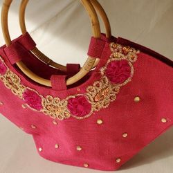 New Variety Colors Embroidered Handmade Bulap Satchell With Bamboo Handles