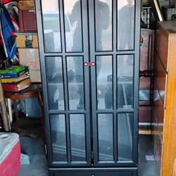 Barrister Black Wooden Bookcase Drawer For Storage Glass Doors Four Shelves 