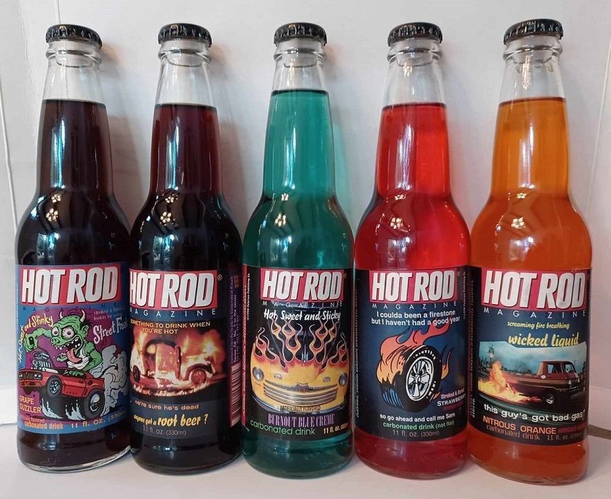 5 Hot Rod Magazine soda pop bottles. Full, unopened