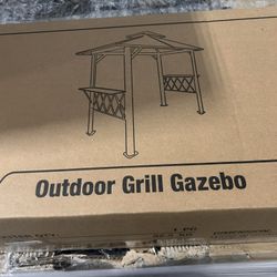 8' x 5' Hardtop BBQ Gazebo Canopy with Double Tier Peaked Roof and Shelves, Outdoor Grill Gazebo for Garden & Patio