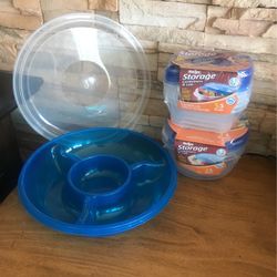 8 BLUE STORAGE CONTAINERS AND 1 VEGETABLE TRAY ALL WITH LIDS