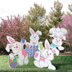 Tumbling Bunnies Yard Stakes Set of 4 Signs Outdoor Easter Decorations Egg Hunt