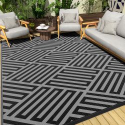 5' x 8', Reversible Quick-Dry Outdoor Area Rug, Black/Gray Pattern, NEW