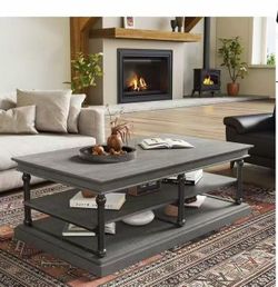 NEW Gray Wood Coffee Table 55" – 3-Tier Farmhouse Style with Storage Shelf