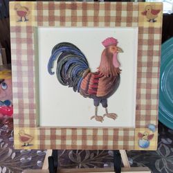 60's Farmhouse Hand Towel Decor Beautiful 3D  Rooster on Wood Plaque Country 