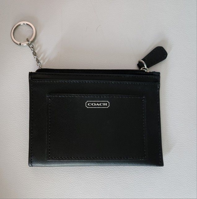 COACH DARCY BLACK CROSSGRAIN SAFFIANO LEATHER KEY RING CARD CASE WALLET
