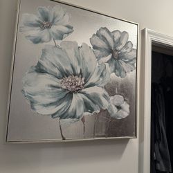 Elegant Floral Wall Art – 24” Teal silver white