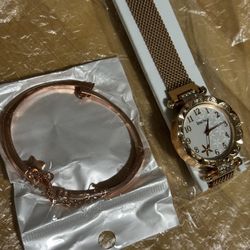 Combo Watch + Bracelet For Women With Rhinestone Decor Rose Gold Brand New Sealed Magnetic Lock