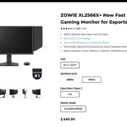 ZOWIE XL2566X+ 400Hz Gaming Monitor – Excellent Condition