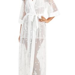 Womens Daisy-Embroidered sheer Wrapper Robe