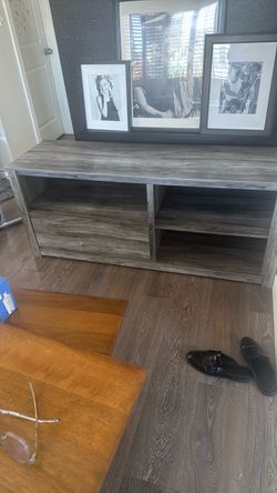 Gray Wood TV Stand with Open Shelves