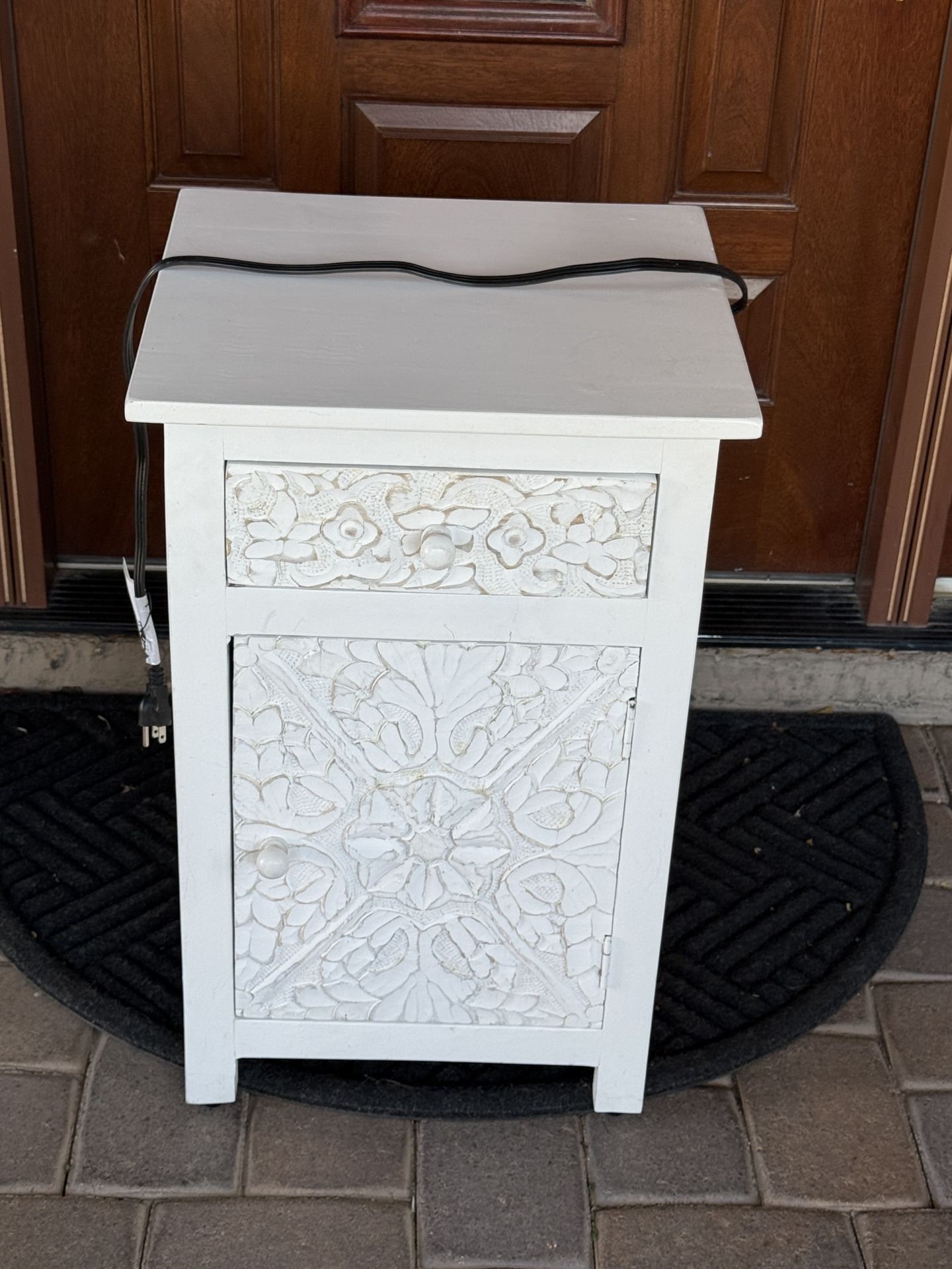 Hand Carved Wooden Nightstand With Power strip $60