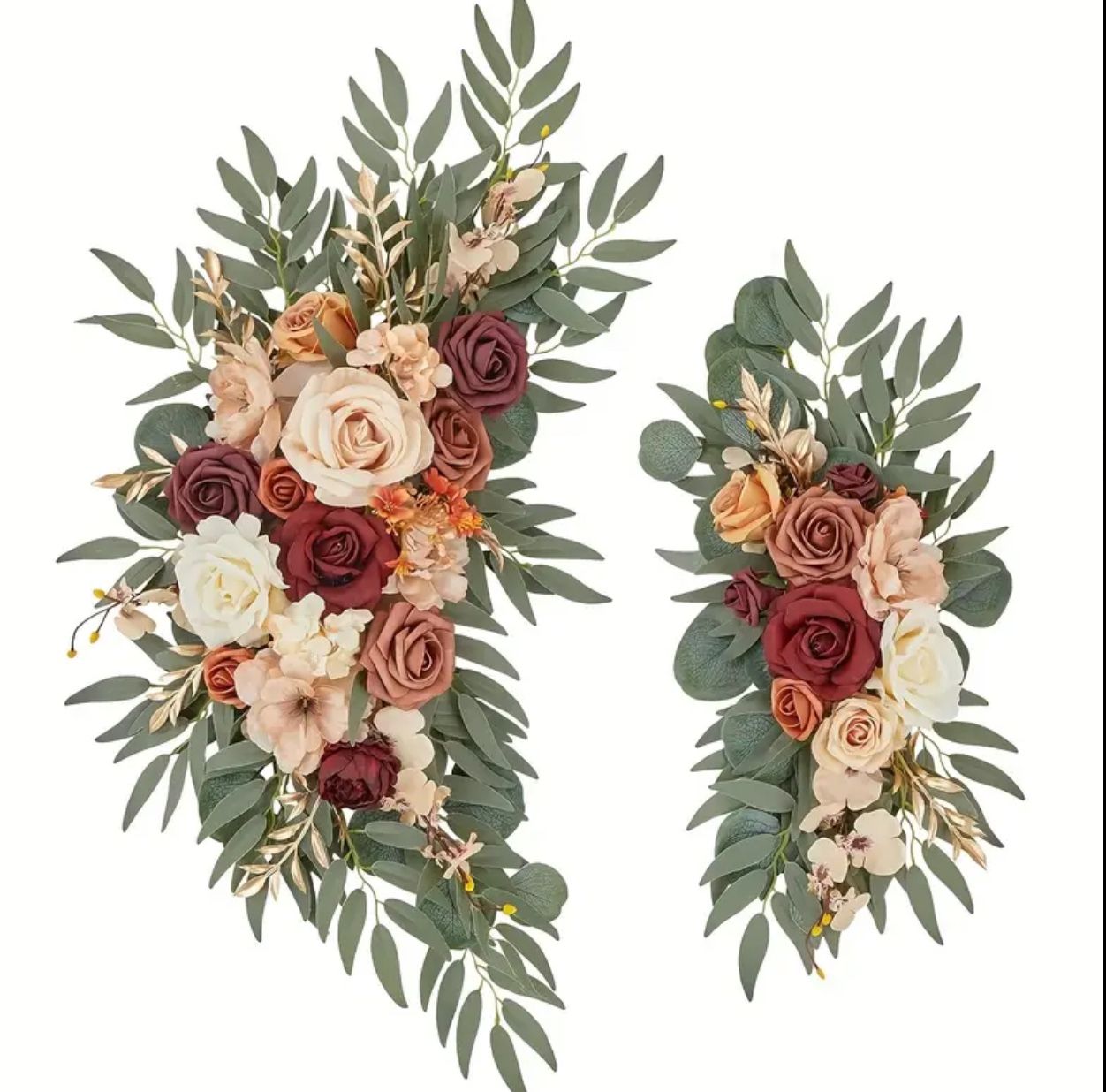 2pcs Autumn Artificial Flowers  Welcome Sign Garland, Fall Decorative Flowers Roses, Eucalyptus, for Wedding Arch, Reception Backdrop Decoration