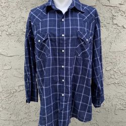 Plains Western Shirt Men XLarge Pearl Snap Blue Plaid Long Sleeve rodeo