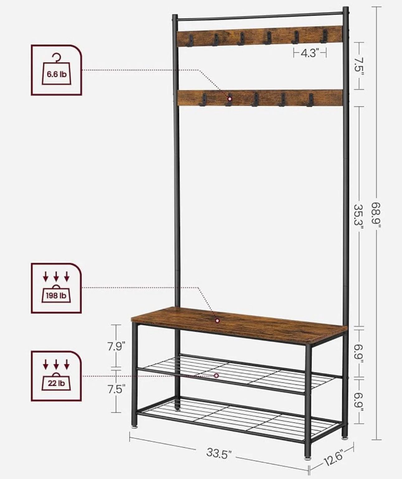 VASAGLE Coat Rack Hall Tree with Shoe Storage Bench Entryway Bench - Brown