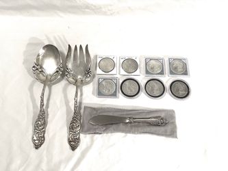 Antique over 110 years old .925 silver serving flatware with eight Morgan and piece silver dollars.