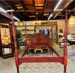 Vintage Carved Four-Poster Cherry Queen Size Rice Bed Frame
