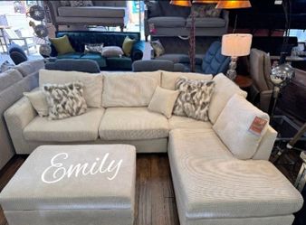 Stylish Ivory 3-Pc Corduroy Sectional Sofa With Storage Ottoman