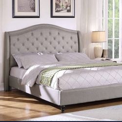 Grey King Size Bed - Elegant Linen Upholstery Thick Padded Headboard