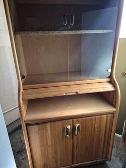 Vintage Wood Roll Top Hutch with Glass.
