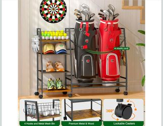 Golf Bag Storage Rack for Garage with Wheels, Organizer for Golf Bag and Equipment Accessories, Golf Organizer Stand Ideal for Home, Garage, Club, She