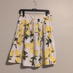 Grace Karin Lemon Print Pleated ALine Midi Skirt White Yellow Medium Pockets NWT