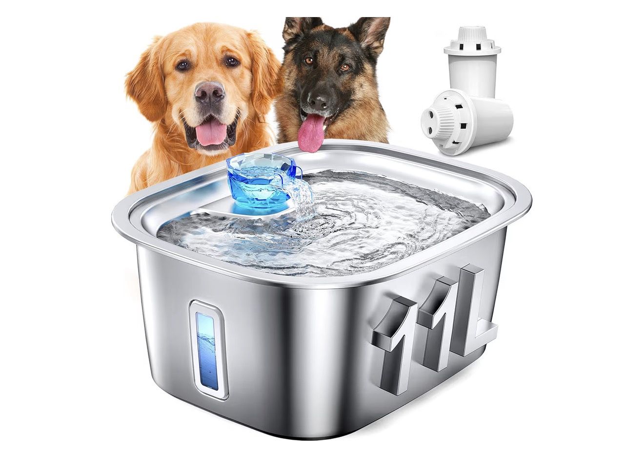 Large Dog Water Fountain Stainless Steel, 3 Gallon Pet Water Fountain with Visual Window, Dog Water Dispenser Automatic Waterer Bowls for Drinking wit