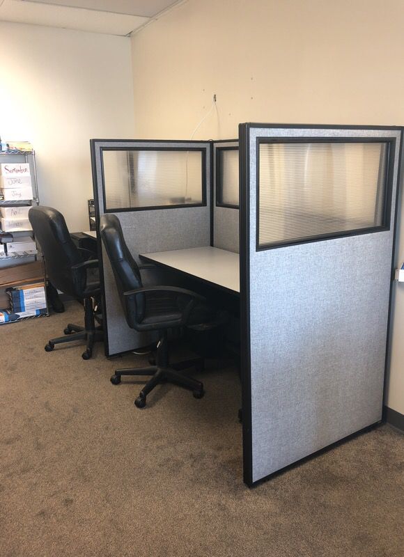 Two Office desk partitions with desk with filing cabinets