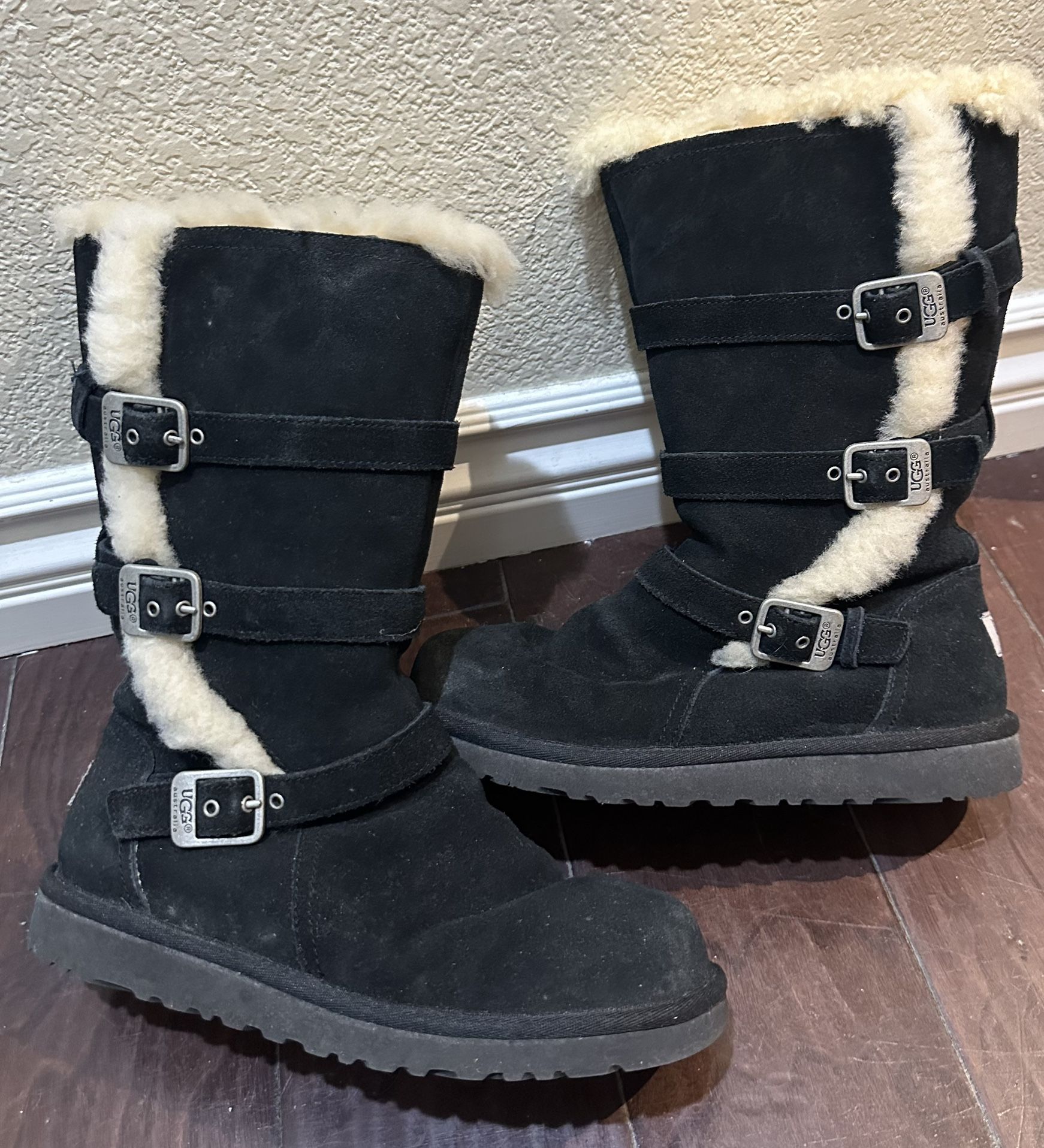 UGG Australia BLACK Sheep Lined WINTER ZIP UP BOOTS Three Buckle Size 5