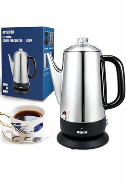 Electric Coffee Percolator, Stainless Steel, 1200ml, with Keep-Warm Function, Glass Knob, Cordless Serving - No Aluminum No Plastic Contact with Bever