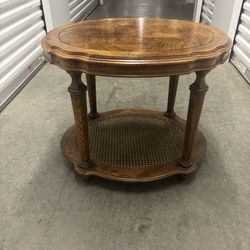 Vintage Oval Oak End Table with Cane Shelf – Solid Wood Table