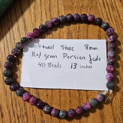 Natural Stone Red Green Persian Jade 
This is a strand of 40 beads (8MM) 13 inches long. Use as needed for Necklace, Bracelet, Rings, and/or Earrings.