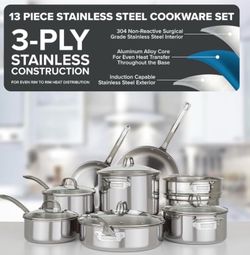 VIKING 3-PLY STAINLESS STEEL 13-PIECE COOKWARE SET WITH GLASS LIDS