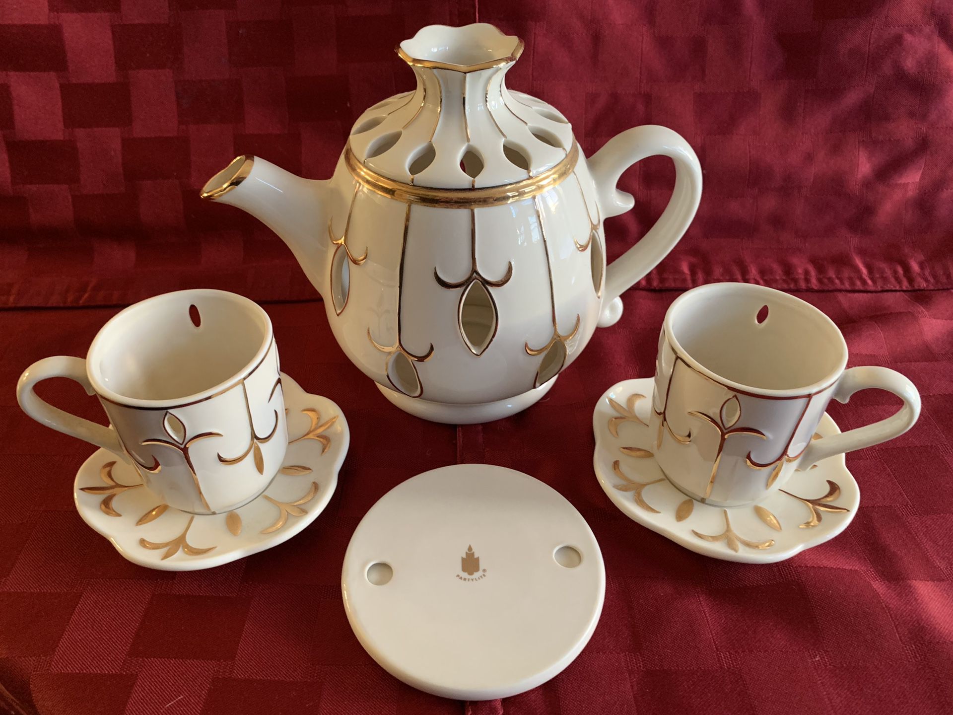 Partylite Ivory Gold Teapot with Espresso Tea Cup and Saucer Votive Candle Holder 6pc set