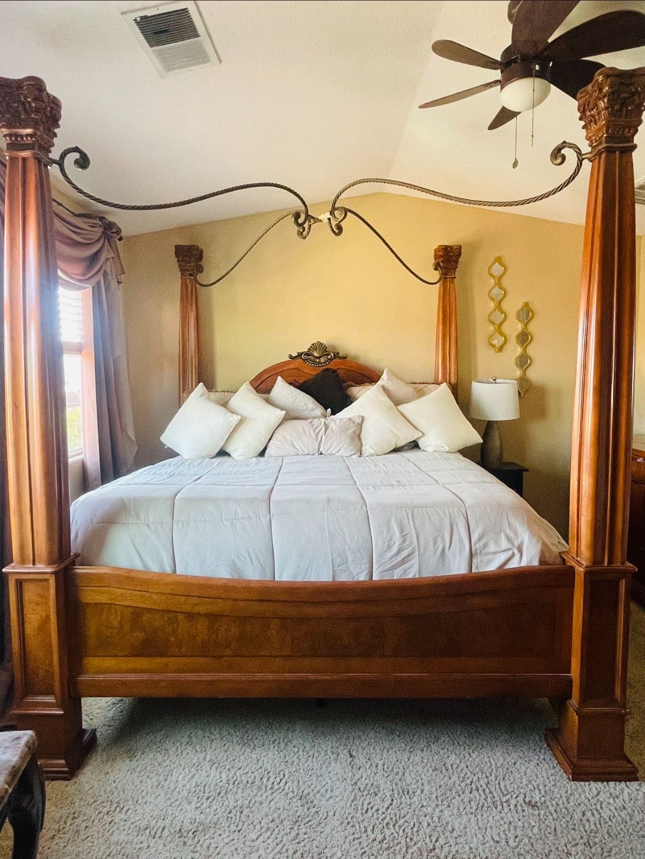 King Size Bed frame with Mirrored Dresser, and tv armoire Mattress Included