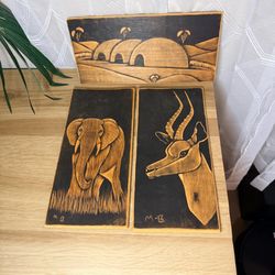 Set of 3 Vintage Hand Burned Wood Pyrography Wall Art Plaques Elephant Antelope African Village
