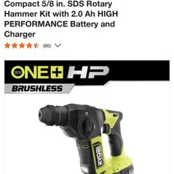 RYOBI ONE+ HP 18V Brushless Cordless Compact 5/8 in. SDS Rotary Hammer Kit with 2.0 Ah HIGH PERFORMANCE Battery and Charger
