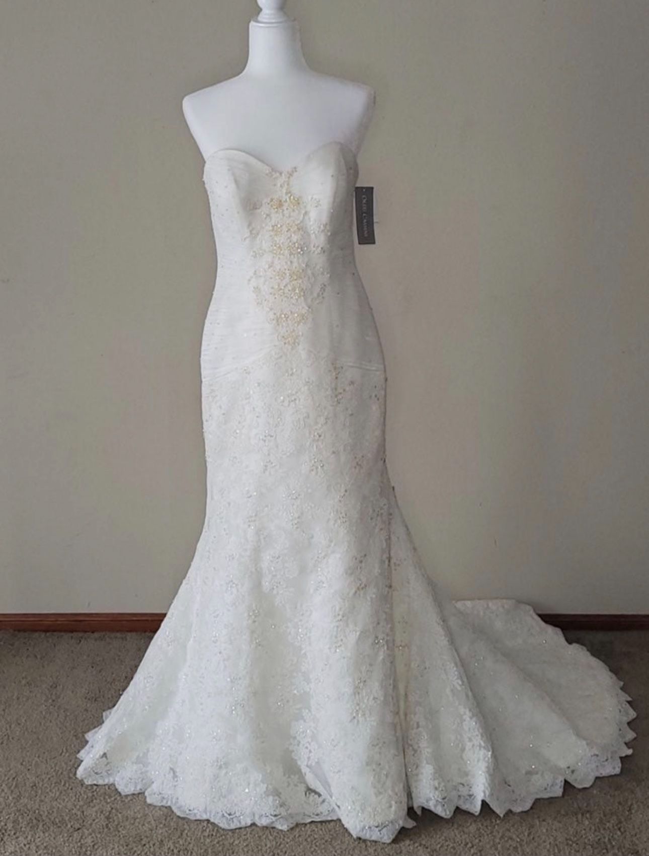 NEW Wedding Dress Oleg Cassini Ivory Strapless Sweetheart Lace Trumpet Wedding Dress Size 10