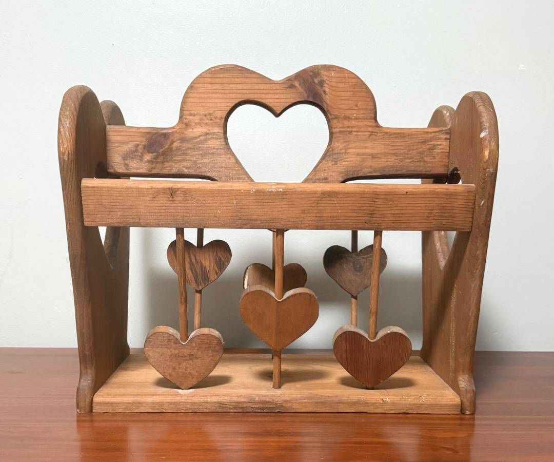 Antique Solid Wood Love Heart Magazine Rack