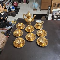 Vintage 1950's Gold Plated Fine Porcelain Arnart Japan 17 PC Demitasse Set Incl: Pot, Creamer W/Saucer & 7 Cups W/Saucers SEE DESCRIPTION 
