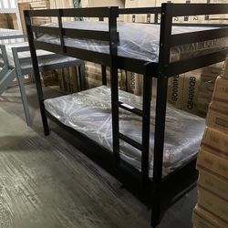 Twin bunk bed. Available in espresso, white, & grey. Bunk bed only-$220. With mattresses-$399. Assembly required. Assembly not included. Tax included.