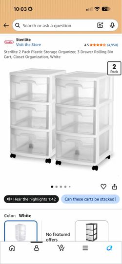 Sterilite 3-Drawer Rolling Storage Cart 2-Pack + 2 used