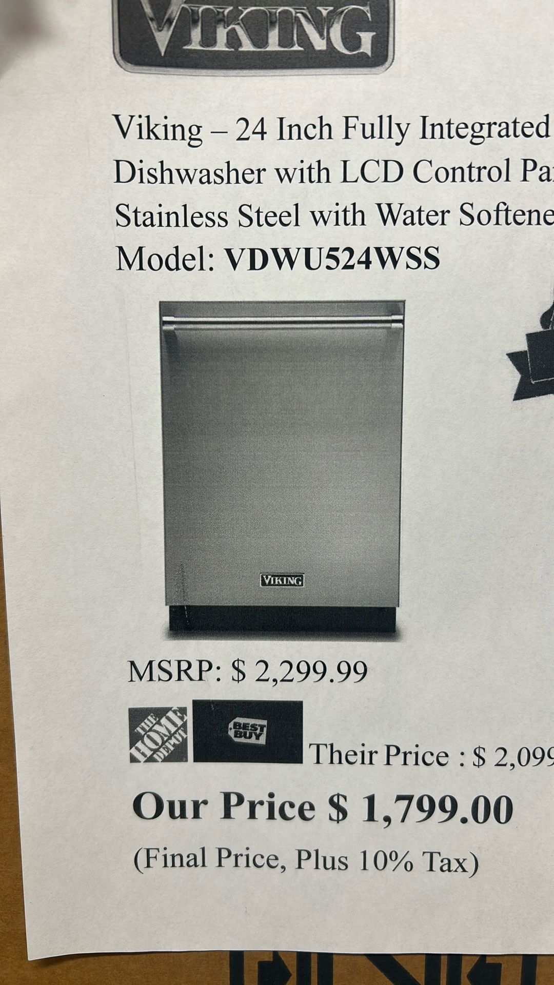 New Viking 24inch Fully Integrated Dishwasher - Stainless Steel