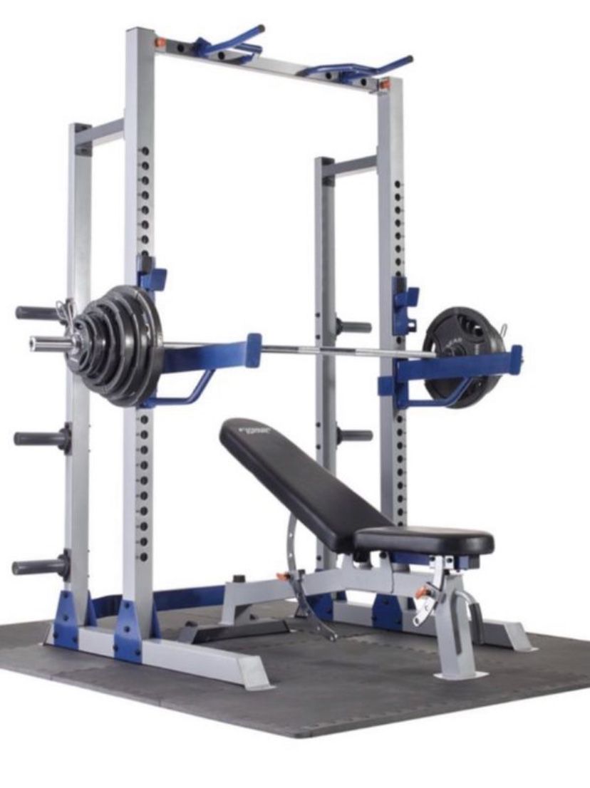 🔥🤩 Brand New Complete Set 🤩🔥300lbs Olympic Weight Set with 7” Bar & Fitness Gear Pro Half Rack & Fitness Gear Pro Utility Weight Bench ‼️🔥
