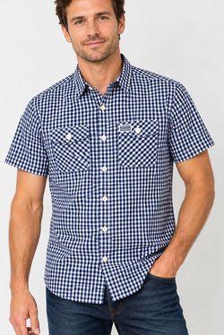 Superdry Men's Medium Blue White Gingham Check Short Sleeve Button Down Shirt
